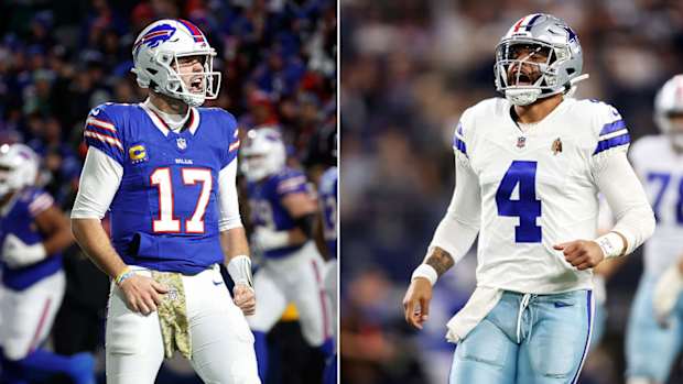 Separate photos of Josh Allen and Dak Prescott yelling with excitement.